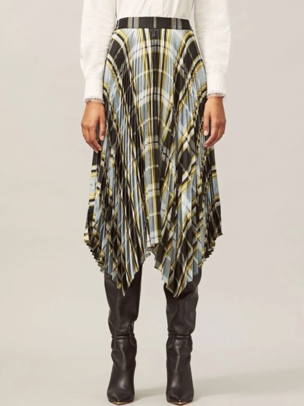 Tory Burch Sunburst Madras Plaid Pleated Silk Skirt